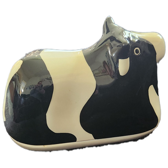 Vintage Ceramic Cow Butter Dish Black & White Holstein Farmhouse Kitchenware - Picture 2 of 8